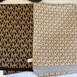 Set of 2X Michael Kors Reversible MK Logo Scarfs In Brown & Beige